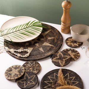 Set of 6-Piece Woven Nito Vine Coaster Set, Rattan Decor, Wicker, Boho